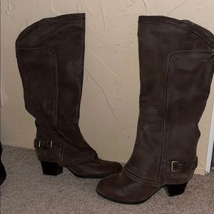 Brown faux leather fergalicious knee high boots